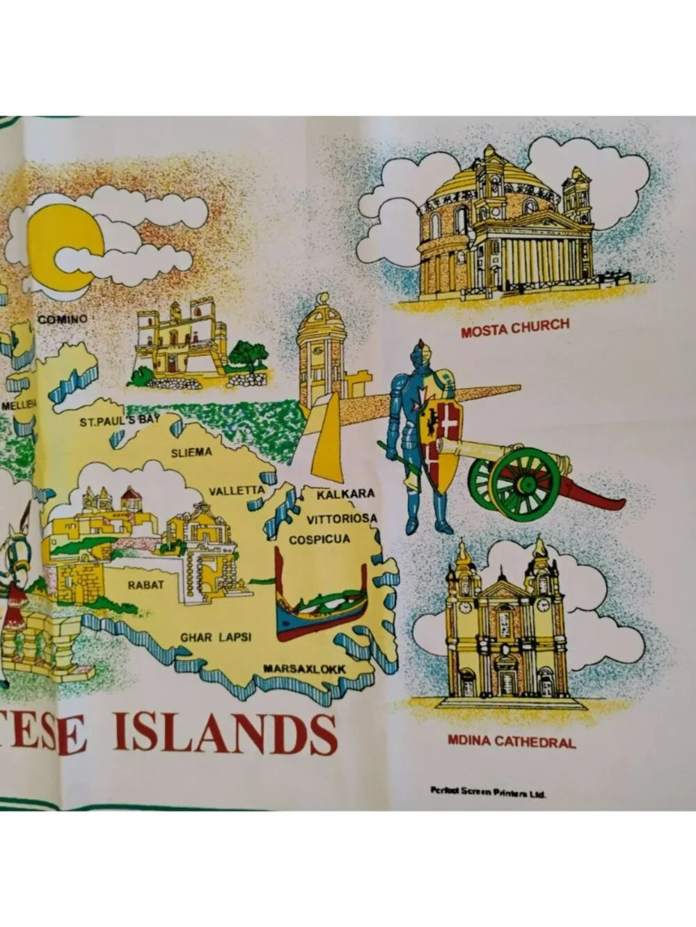 Vintage Cotton Tea Towel, The Maltese Islands, Map & Landmarks, Malta Souvenir